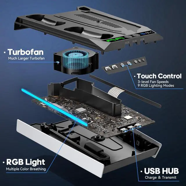 Alt view image 2 of 7 - PS 5/Slim Stand for Disc & Digital Version, RGB Ambient Lighting PS5 Slim Cooling Station with Controller Charger, Built-in 3-Level Fan, 3 USB Ports (Not for PS5 Pro), Sega Genesis Consoles