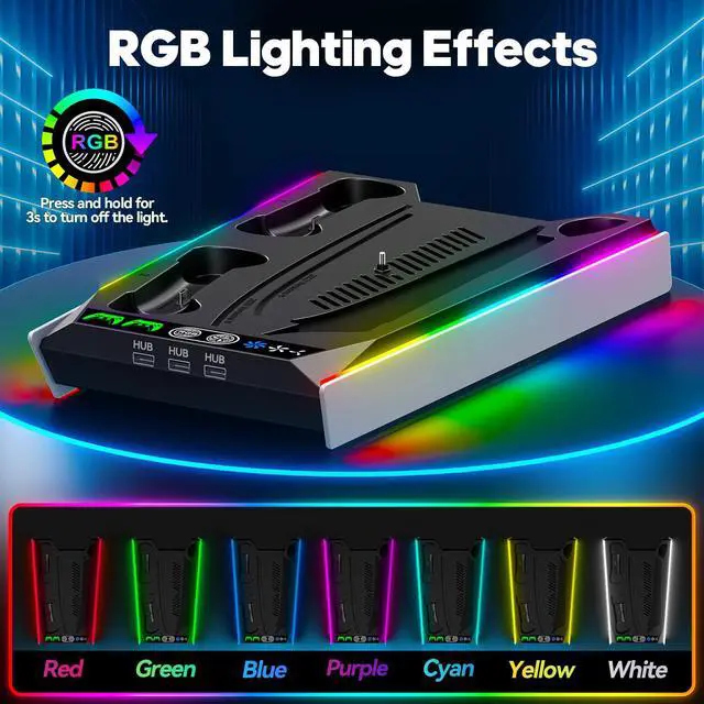 Alt view image 3 of 7 - PS 5/Slim Stand for Disc & Digital Version, RGB Ambient Lighting PS5 Slim Cooling Station with Controller Charger, Built-in 3-Level Fan, 3 USB Ports (Not for PS5 Pro), Sega Genesis Consoles
