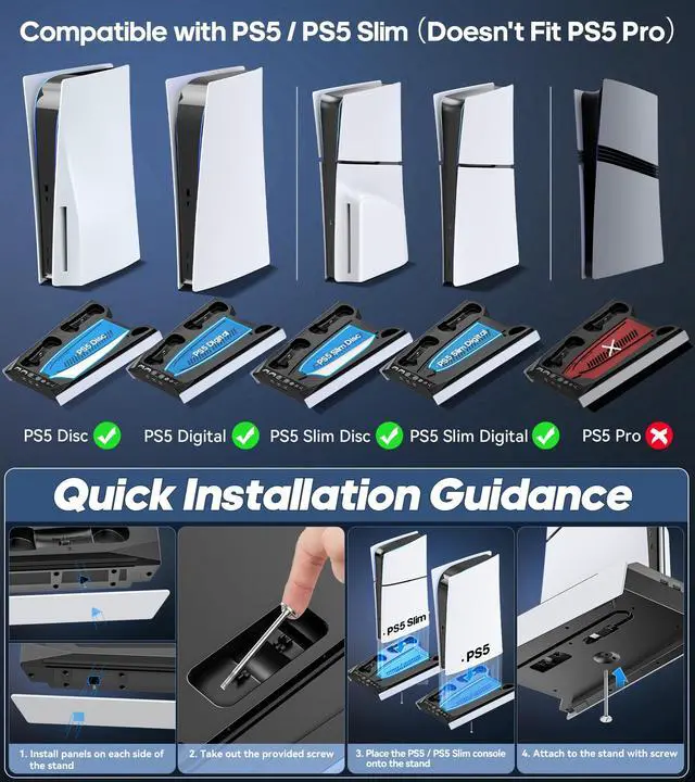 Alt view image 4 of 7 - PS 5/Slim Stand for Disc & Digital Version, RGB Ambient Lighting PS5 Slim Cooling Station with Controller Charger, Built-in 3-Level Fan, 3 USB Ports (Not for PS5 Pro), Sega Genesis Consoles