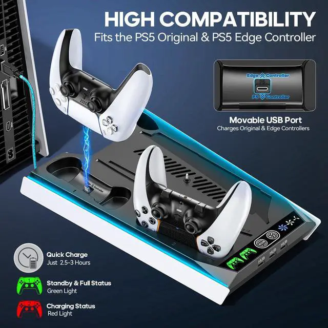 Alt view image 5 of 7 - PS 5/Slim Stand for Disc & Digital Version, RGB Ambient Lighting PS5 Slim Cooling Station with Controller Charger, Built-in 3-Level Fan, 3 USB Ports (Not for PS5 Pro), Sega Genesis Consoles