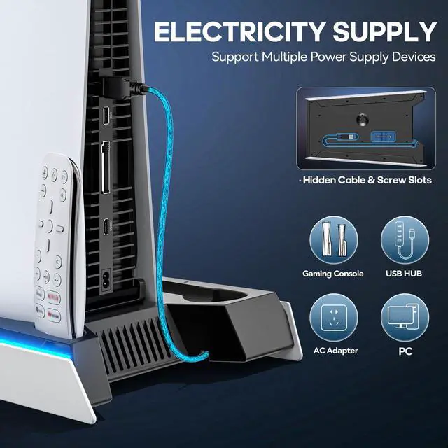 Alt view image 6 of 7 - PS 5/Slim Stand for Disc & Digital Version, RGB Ambient Lighting PS5 Slim Cooling Station with Controller Charger, Built-in 3-Level Fan, 3 USB Ports (Not for PS5 Pro), Sega Genesis Consoles