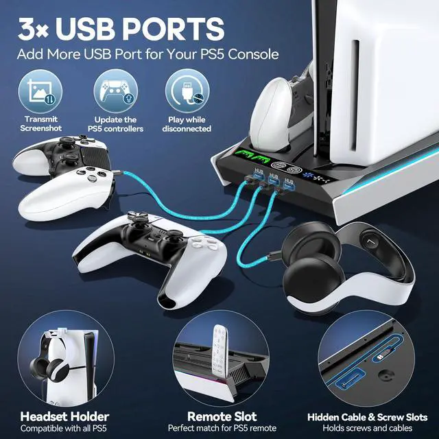 Alt view image 7 of 7 - PS 5/Slim Stand for Disc & Digital Version, RGB Ambient Lighting PS5 Slim Cooling Station with Controller Charger, Built-in 3-Level Fan, 3 USB Ports (Not for PS5 Pro), Sega Genesis Consoles
