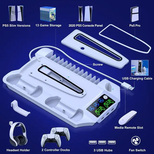 Alt view image 5 of 7 - PS5 Pro/Slim/PS5 Stand and Cooling Station with Controller Charging Station for Playsation 5 Disc Digital Console, PS5 Accessories Incl. 3 Levels Cooling Fan, 13 Game Slots, 3 USB HUB, Headset Holder