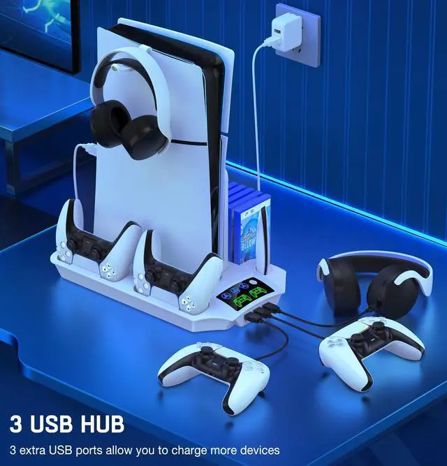 Alt view image 6 of 7 - PS5 Pro/Slim/PS5 Stand and Cooling Station with Controller Charging Station for Playsation 5 Disc Digital Console, PS5 Accessories Incl. 3 Levels Cooling Fan, 13 Game Slots, 3 USB HUB, Headset Holder