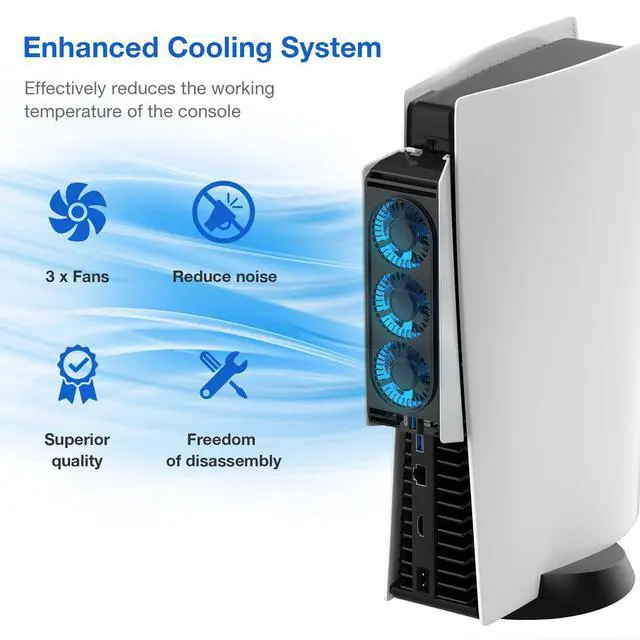 Alt view image 3 of 7 - PS5 Cooling Fan, PS5 Accessories Upgraded Quiet Cooler Fan with LED Light & USB 3.0 Hubs, Efficient Cooling Station for PlayStation 5 Disc/Digital Edition,Not for PlayStation 5 Slim/Pro