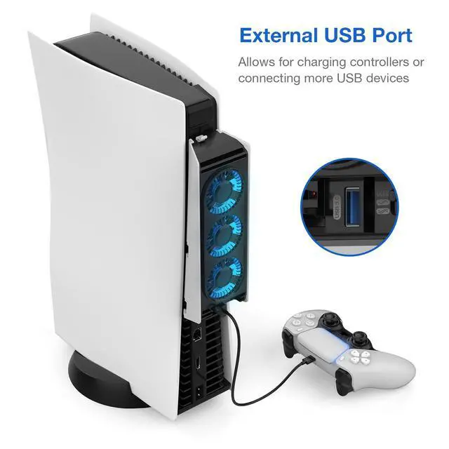 Alt view image 4 of 7 - PS5 Cooling Fan, PS5 Accessories Upgraded Quiet Cooler Fan with LED Light & USB 3.0 Hubs, Efficient Cooling Station for PlayStation 5 Disc/Digital Edition,Not for PlayStation 5 Slim/Pro