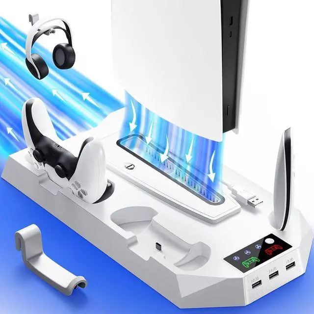 Main image of PS5/Slim/Pro Cooling Station for PS5 Disc & Digital Console, PS5 Stand Cooling Fan Charging Station with 3 Level Fan, LED Controller Charger, PS5/Slim/Pro Accessories with 3 USB Hubs & Headset Holder