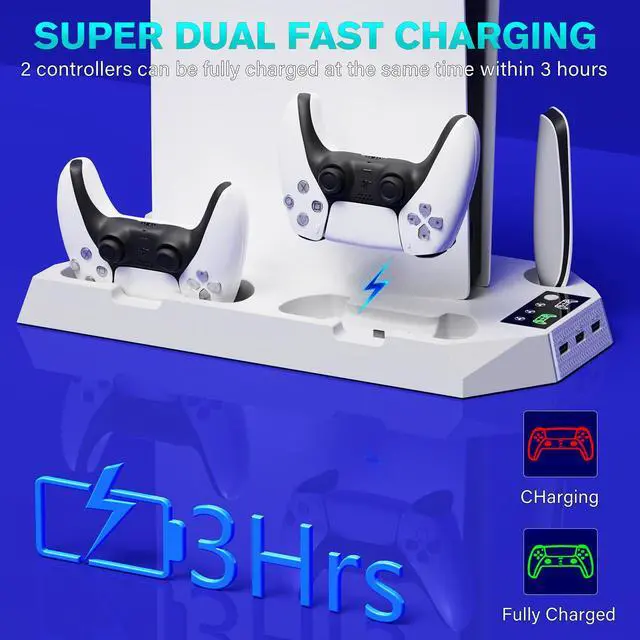 Alt view image 3 of 5 - PS5/Slim/Pro Cooling Station for PS5 Disc & Digital Console, PS5 Stand Cooling Fan Charging Station with 3 Level Fan, LED Controller Charger, PS5/Slim/Pro Accessories with 3 USB Hubs & Headset Holder