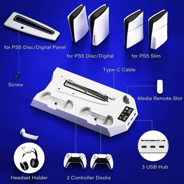Alt view image 5 of 5 - PS5/Slim/Pro Cooling Station for PS5 Disc & Digital Console, PS5 Stand Cooling Fan Charging Station with 3 Level Fan, LED Controller Charger, PS5/Slim/Pro Accessories with 3 USB Hubs & Headset Holder