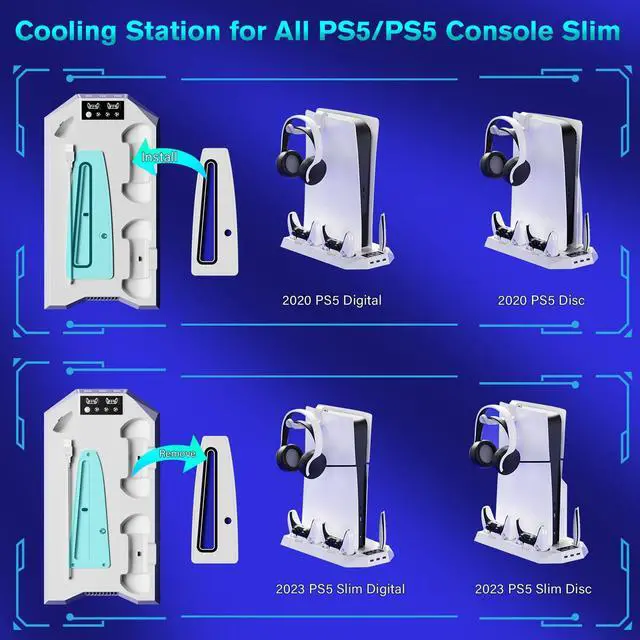Alt view image 4 of 5 - PS5/Slim/Pro Cooling Station for PS5 Disc & Digital Console, PS5 Stand Cooling Fan Charging Station with 3 Level Fan, LED Controller Charger, PS5/Slim/Pro Accessories with 3 USB Hubs & Headset Holder