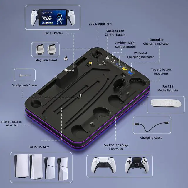 Alt view image 5 of 7 - PS5 Charging Station with Cooling Fan and RGB Light, Dual Controllers and PS Portal Charger, All-in-One PlayStation 5 Stand for PS5 Slim, Disc, and Digital Editions
