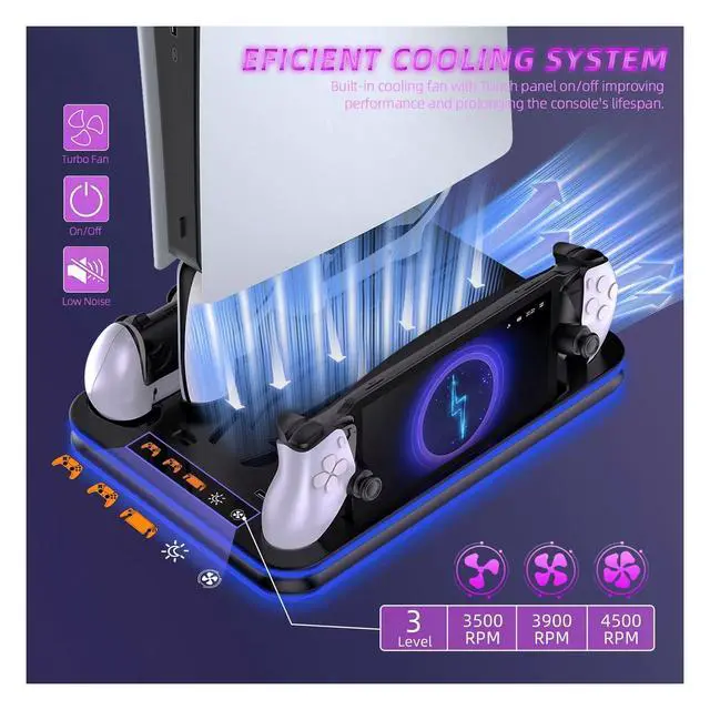 Alt view image 2 of 7 - PS5 Charging Station with Cooling Fan and RGB Light, Dual Controllers and PS Portal Charger, All-in-One PlayStation 5 Stand for PS5 Slim, Disc, and Digital Editions