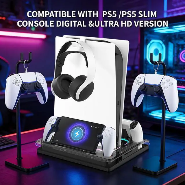 Alt view image 3 of 7 - Cooling Station And Console Stand for Ps5/Ps5 Slim/Ps5 Pro,Dual Controller Charging Dock with Rgb for Playstation 5,with PS Portal Charger,Headset & Holder Charging Ports