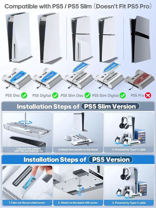 Alt view image 2 of 7 - PS5/Slim Stand and Cooling Station with LED Controller Charging Station for PS 5 Console, Controller Charger, Cooling Stand, PS5/Slim Accessories Kit with 3 Level Cooler Fan, Sega Genesis Consoles