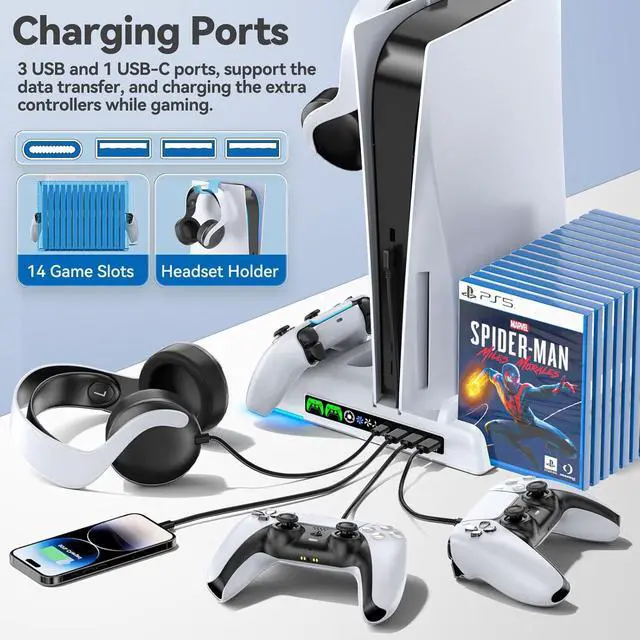 Alt view image 6 of 7 - PS5/Slim Stand and Cooling Station with LED Controller Charging Station for PS 5 Console, Controller Charger, Cooling Stand, PS5/Slim Accessories Kit with 3 Level Cooler Fan, Sega Genesis Consoles