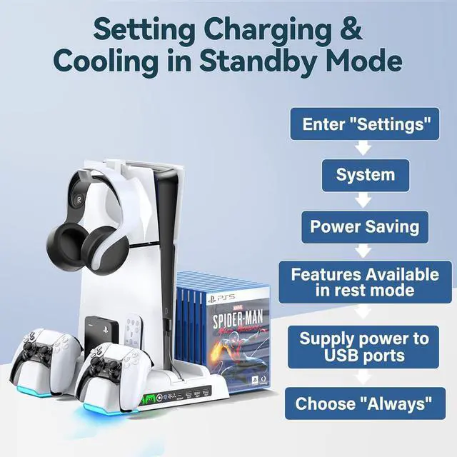 Alt view image 7 of 7 - PS5/Slim Stand and Cooling Station with LED Controller Charging Station for PS 5 Console, Controller Charger, Cooling Stand, PS5/Slim Accessories Kit with 3 Level Cooler Fan, Sega Genesis Consoles