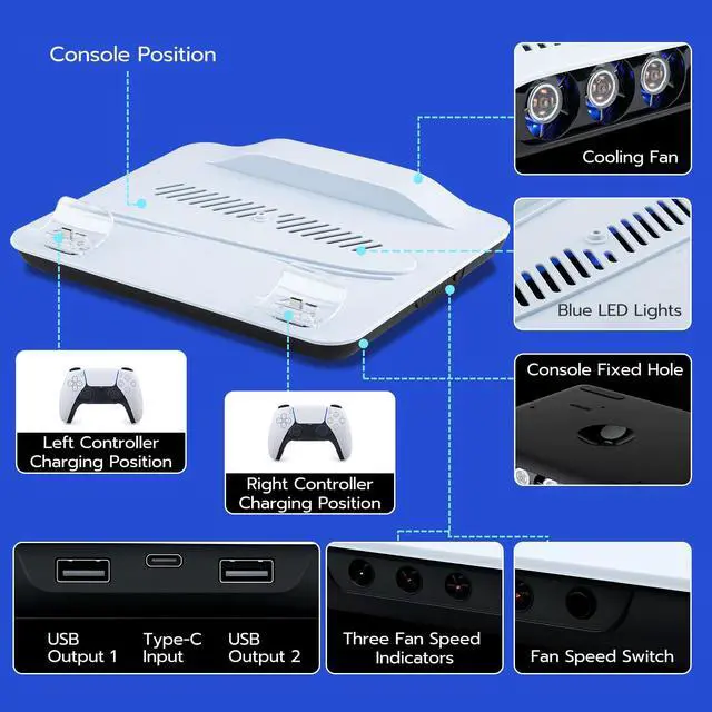 Alt view image 5 of 7 - Cooling Station for PS5/Slim/Pro Disc & Digital Console, Vertical Stand Charging Dock with Dual Controller Charger for PlayStation 5, PS5 Accessories Kit with 3 Level Fan