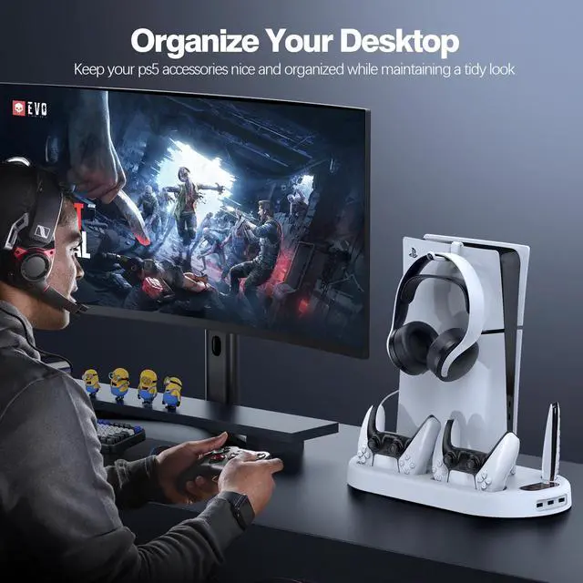 Alt view image 2 of 6 - Cooling Station PS5 Slim Stand PS5 Pro Cooling Fan with Charging Station PlayStation 5 Console Cooler with Docking Station Controller Charger PlayStation 5 Pro & Slim Disc & Digital White