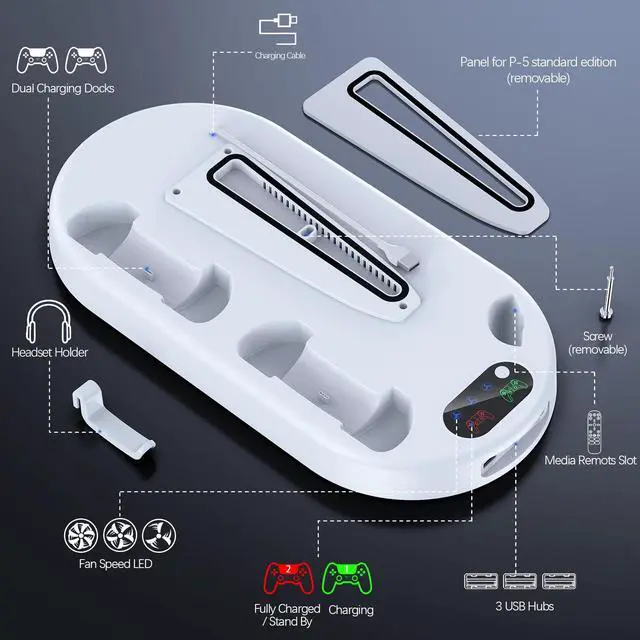 Alt view image 6 of 6 - Cooling Station PS5 Slim Stand PS5 Pro Cooling Fan with Charging Station PlayStation 5 Console Cooler with Docking Station Controller Charger PlayStation 5 Pro & Slim Disc & Digital White