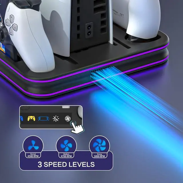 Alt view image 3 of 7 - Cooling Station & RGB LED Stand for PS5/PS5 Slim - Dual Controller Charging Dock with Magnetic Charger for PlayStation 5 and PS Portal Remote All-in-One Gaming Accessories for PS5 Slim Console