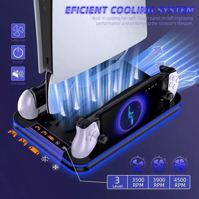Alt view image 2 of 7 - Cooling Station & RGB LED Stand for PS5/PS5 Slim - Dual Controller Charging Dock with Magnetic Charger for PlayStation 5 and PS Portal Remote All-in-One Gaming Accessories for PS5 Slim Console