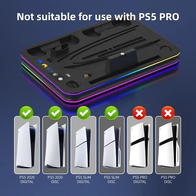 Alt view image 5 of 7 - Cooling Station & RGB LED Stand for PS5/PS5 Slim - Dual Controller Charging Dock with Magnetic Charger for PlayStation 5 and PS Portal Remote All-in-One Gaming Accessories for PS5 Slim Console