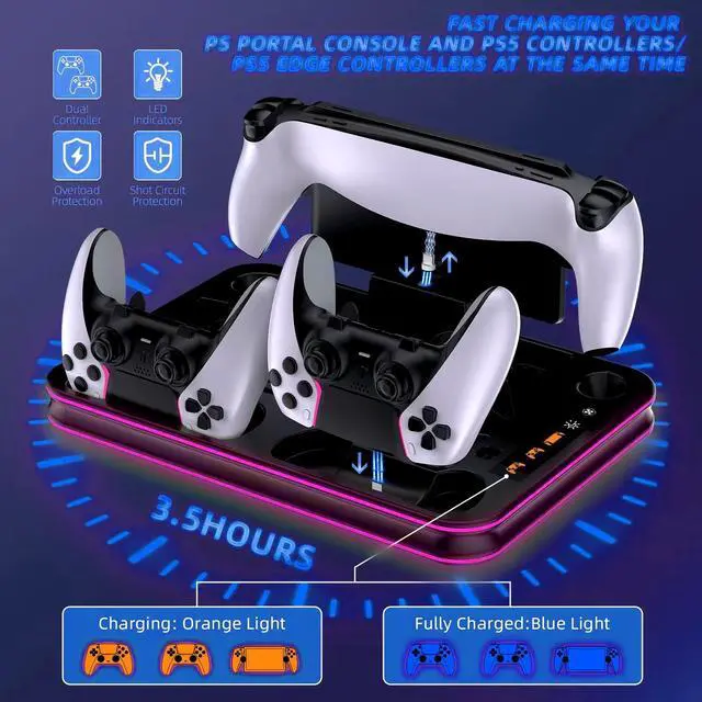 Alt view image 4 of 7 - Cooling Station & RGB LED Stand for PS5/PS5 Slim - Dual Controller Charging Dock with Magnetic Charger for PlayStation 5 and PS Portal Remote All-in-One Gaming Accessories for PS5 Slim Console