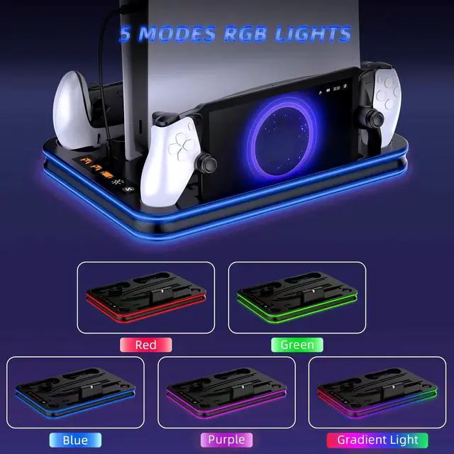 Alt view image 6 of 7 - Cooling Station & RGB LED Stand for PS5/PS5 Slim - Dual Controller Charging Dock with Magnetic Charger for PlayStation 5 and PS Portal Remote All-in-One Gaming Accessories for PS5 Slim Console