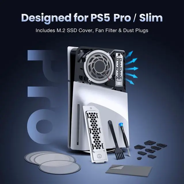 Alt view image 2 of 7 - Cooling & Dust Protection Upgrade for PS5 Pro/PS5 Slim, PS5 Pro/Slim M.2 SSD Heatsink Cover with Fan Dust Filter and Port Plugs, Prevent Overheating and Dust Buildup (PS5 Pro/PS5 Slim)
