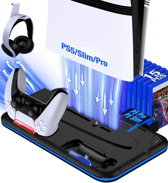 Main image of PS5/Slim/Pro Stand and Cooling Station with Controller Charging Station for PlayStation 5 Slim/Pro Console, PS5 Controller Charger, Cooling Stand, LED Light, Headset Holder for PS5 Accessories