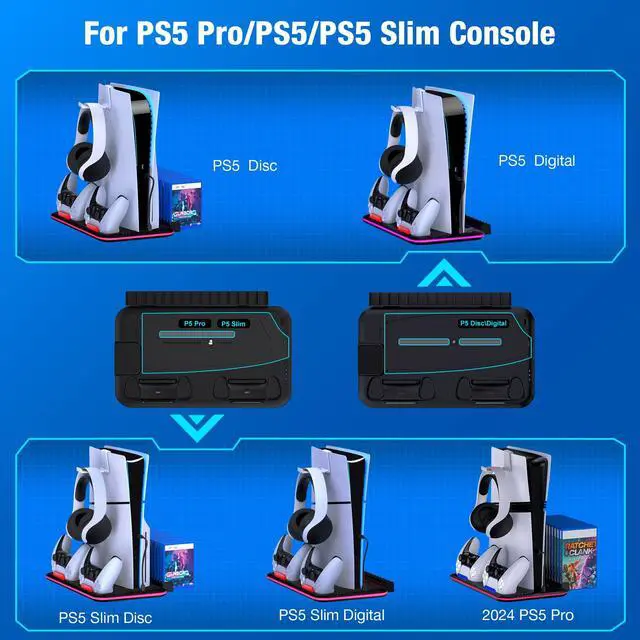 Alt view image 2 of 7 - PS5/Slim/Pro Stand and Cooling Station with Controller Charging Station for PlayStation 5 Slim/Pro Console, PS5 Controller Charger, Cooling Stand, LED Light, Headset Holder for PS5 Accessories