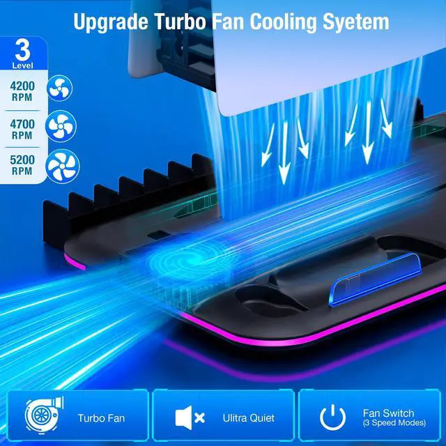 Alt view image 3 of 7 - PS5/Slim/Pro Stand and Cooling Station with Controller Charging Station for PlayStation 5 Slim/Pro Console, PS5 Controller Charger, Cooling Stand, LED Light, Headset Holder for PS5 Accessories