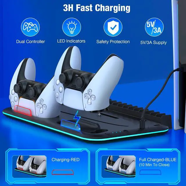 Alt view image 4 of 7 - PS5/Slim/Pro Stand and Cooling Station with Controller Charging Station for PlayStation 5 Slim/Pro Console, PS5 Controller Charger, Cooling Stand, LED Light, Headset Holder for PS5 Accessories