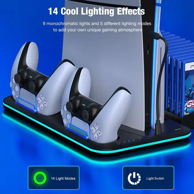 Alt view image 5 of 7 - PS5/Slim/Pro Stand and Cooling Station with Controller Charging Station for PlayStation 5 Slim/Pro Console, PS5 Controller Charger, Cooling Stand, LED Light, Headset Holder for PS5 Accessories