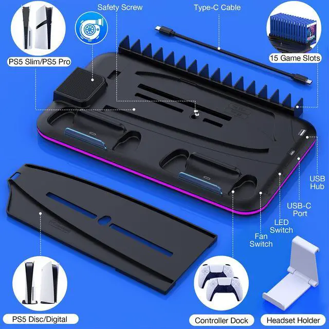 Alt view image 7 of 7 - PS5/Slim/Pro Stand and Cooling Station with Controller Charging Station for PlayStation 5 Slim/Pro Console, PS5 Controller Charger, Cooling Stand, LED Light, Headset Holder for PS5 Accessories
