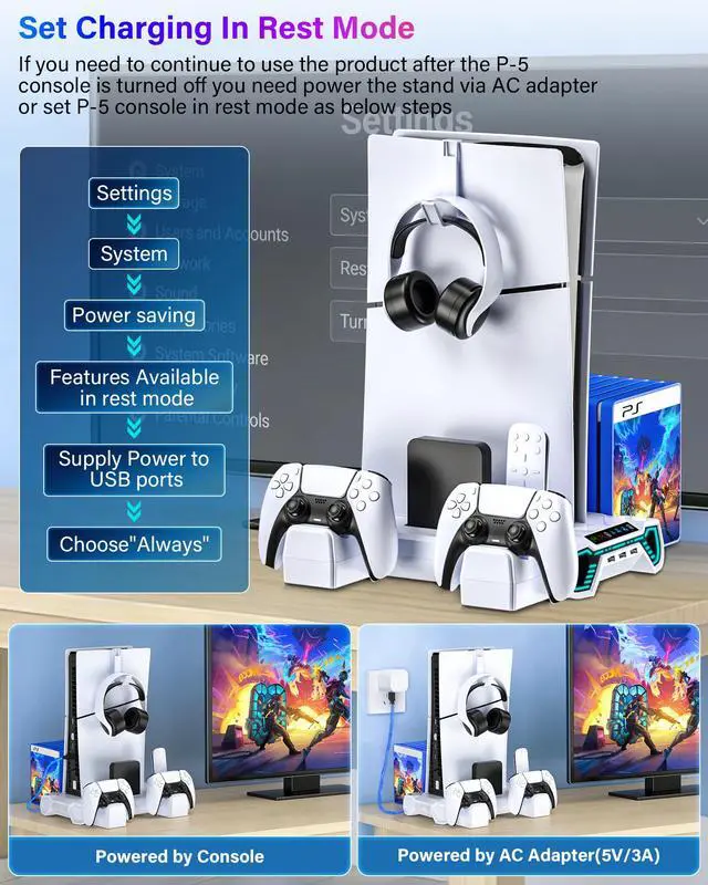 Alt view image 7 of 7 - Cooling Station with Controller Charging Station for PS5/Slim/Pro Console