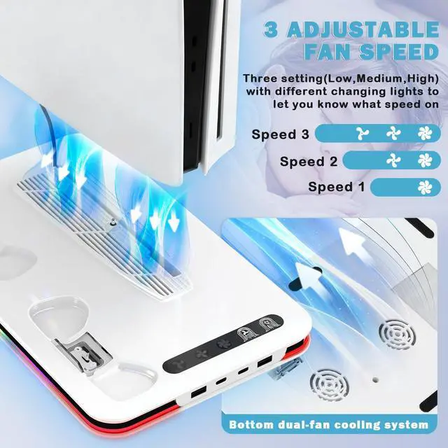 Alt view image 3 of 7 - PS5 Cooling Station Fan for PS5 Pro/Digital Edition PlayStation 5 Console Controller Charger PS 5 Fan Cooling Fan with Dual PS 5 Controller Charger Stand 8 Kinds LED & 3 Level Fans Gifts for Gamer