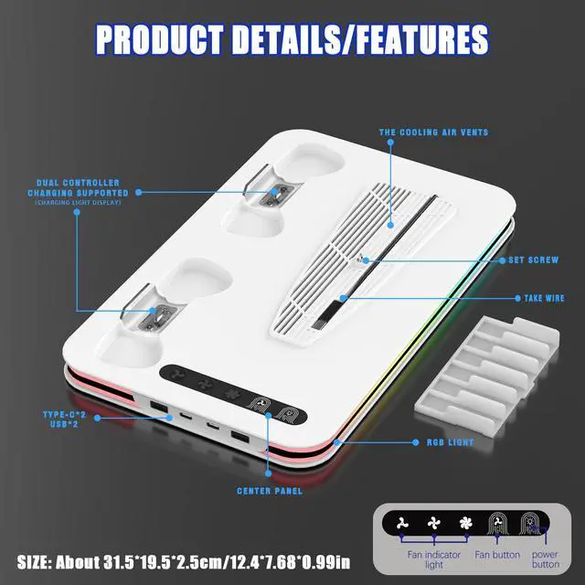 Alt view image 7 of 7 - PS5 Cooling Station Fan for PS5 Pro/Digital Edition PlayStation 5 Console Controller Charger PS 5 Fan Cooling Fan with Dual PS 5 Controller Charger Stand 8 Kinds LED & 3 Level Fans Gifts for Gamer