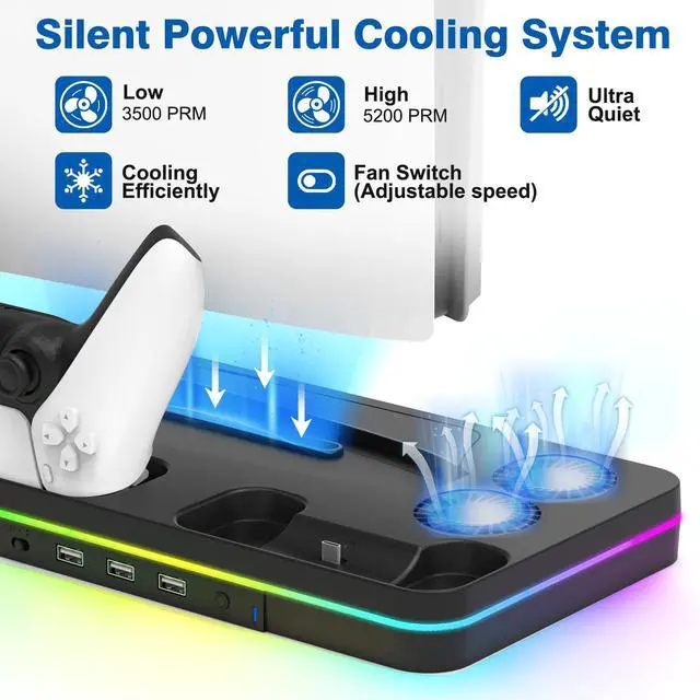 Alt view image 2 of 7 - Ps5 Slim Console Cooling Station,Ps5 Slim(Disc & Digital Editions) Stand Accessories with 2 Cooling Fan&2 Controller Charging Station,PlayStation 5 Cooling Stand with RGB Light,Headset Holder,3 USB