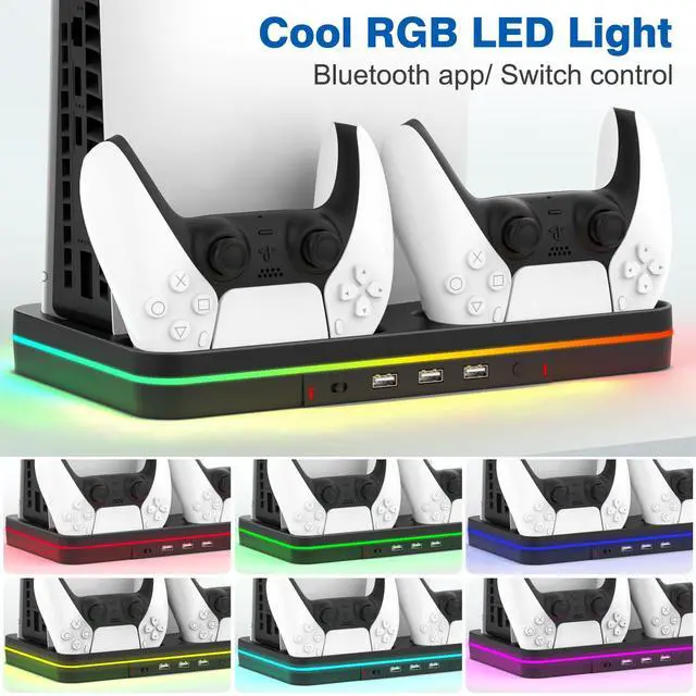Alt view image 3 of 7 - Ps5 Slim Console Cooling Station,Ps5 Slim(Disc & Digital Editions) Stand Accessories with 2 Cooling Fan&2 Controller Charging Station,PlayStation 5 Cooling Stand with RGB Light,Headset Holder,3 USB