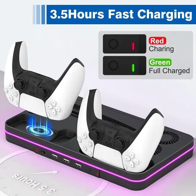 Alt view image 4 of 7 - Ps5 Slim Console Cooling Station,Ps5 Slim(Disc & Digital Editions) Stand Accessories with 2 Cooling Fan&2 Controller Charging Station,PlayStation 5 Cooling Stand with RGB Light,Headset Holder,3 USB