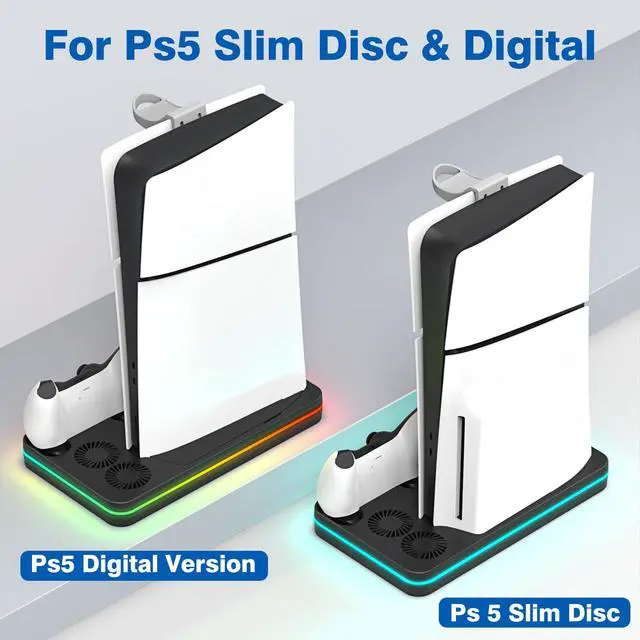 Alt view image 6 of 7 - Ps5 Slim Console Cooling Station,Ps5 Slim(Disc & Digital Editions) Stand Accessories with 2 Cooling Fan&2 Controller Charging Station,PlayStation 5 Cooling Stand with RGB Light,Headset Holder,3 USB