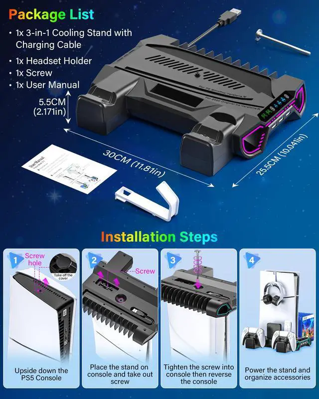 Alt view image 6 of 7 - Cooling Station with Controller Charging Station for PS5/Slim/Pro Console