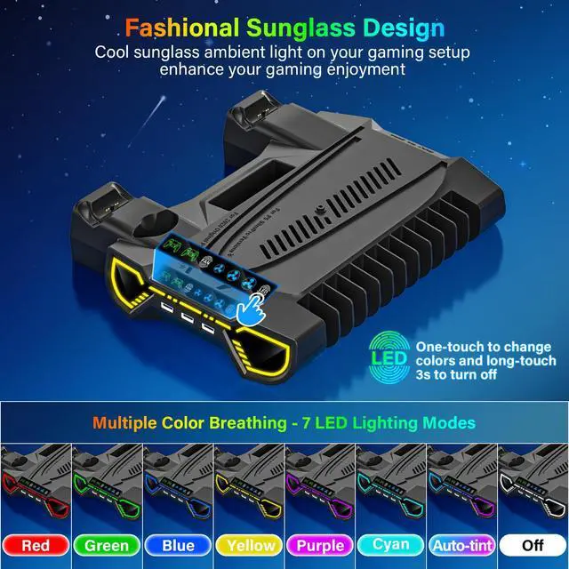 Alt view image 7 of 7 - Cooling Station with Controller Charging Station for PS5/Slim/Pro Console