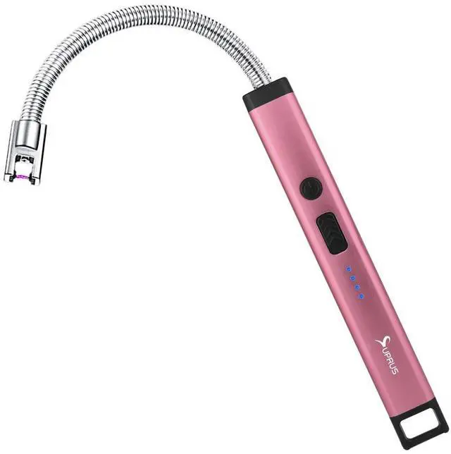 Main image of Rechargeable Candle Lighter Electric Arc Triple Safety Long Lighter Stainless Steel Shell & Hanging Hook (Pink)