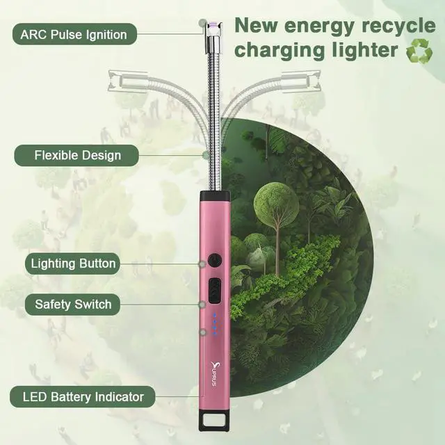 Alt view image 3 of 7 - Rechargeable Candle Lighter Electric Arc Triple Safety Long Lighter Stainless Steel Shell & Hanging Hook (Pink)