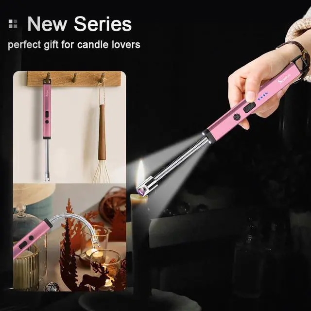 Alt view image 2 of 7 - Rechargeable Candle Lighter Electric Arc Triple Safety Long Lighter Stainless Steel Shell & Hanging Hook (Pink)