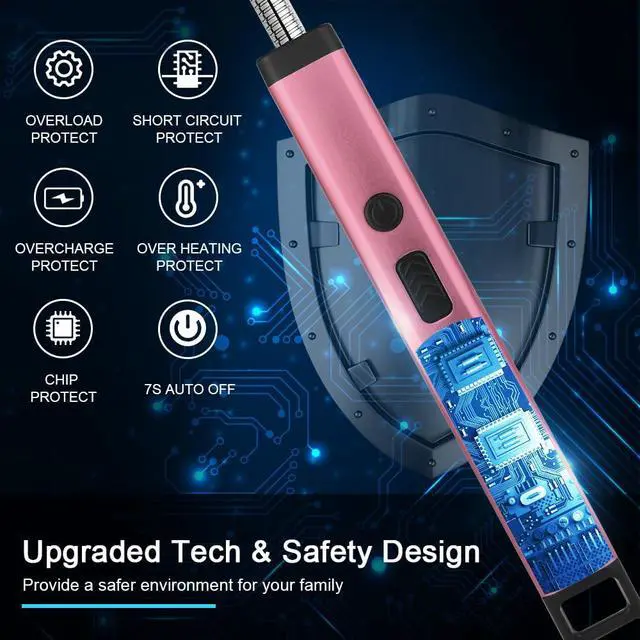 Alt view image 4 of 7 - Rechargeable Candle Lighter Electric Arc Triple Safety Long Lighter Stainless Steel Shell & Hanging Hook (Pink)