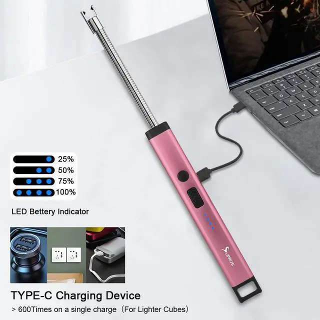 Alt view image 5 of 7 - Rechargeable Candle Lighter Electric Arc Triple Safety Long Lighter Stainless Steel Shell & Hanging Hook (Pink)