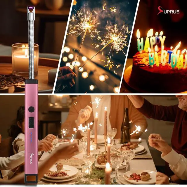 Alt view image 6 of 7 - Rechargeable Candle Lighter Electric Arc Triple Safety Long Lighter Stainless Steel Shell & Hanging Hook (Pink)